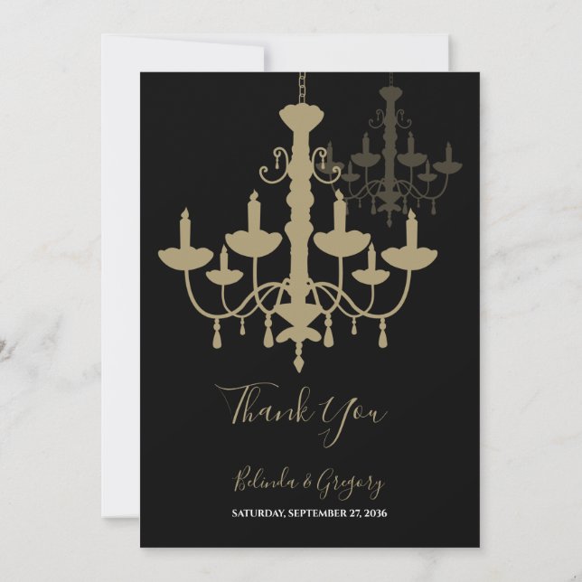 Black Gold Chandelier Wedding Thank You Card (Back)