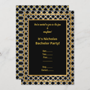 BLACK GOLD CHECK BACHELOR PARTY INVITE
