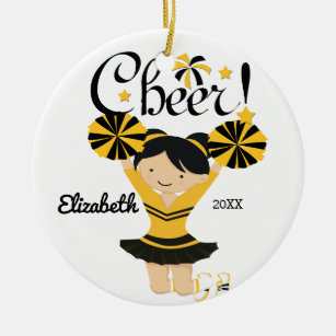 Black & Gold Cheer Black Hair Cheerleader Ornament