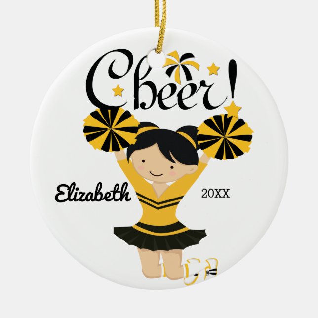 Black & Gold Cheer Black Hair Cheerleader Ornament (Front)