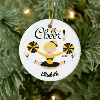 Black & Gold Cheer Blonde Cheerleader Ornament