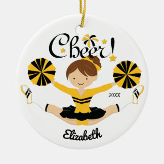 Black & Gold Cheer Brunette Cheerleader Ornament