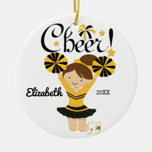 Black & Gold Cheer Brunette Cheerleader Ornament