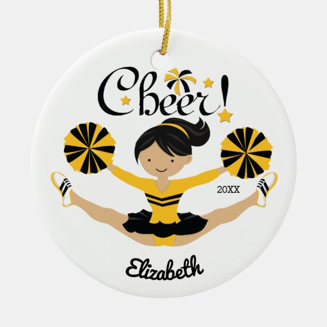 Black & Gold Cheer Dark Hair Cheerleader Ornament (Front)