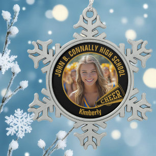 Black Gold Cheerleader Photo High School Snowflake Pewter Christmas Ornament