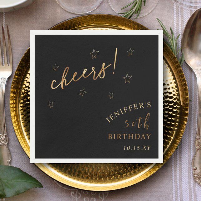Black Gold Cheers 40th 50th 60th Birthday Party Napkin (Creator Uploaded)