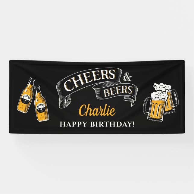 Black Gold Cheers And Beers Any Age Birthday Banner (Horizontal)