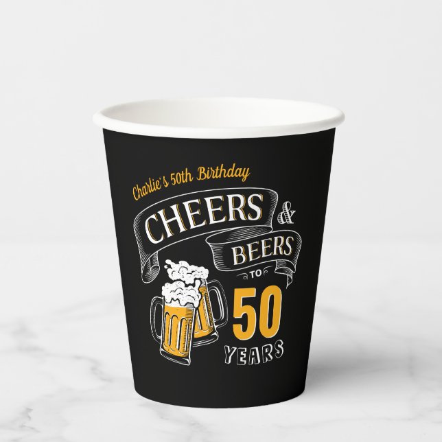 Black gold Cheers And Beers Any Age Birthday Paper Cups (Front)