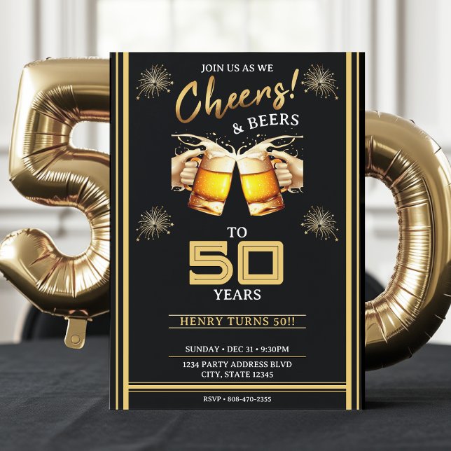 Black & Gold Cheers & Beers 50 Years 50th Birthday Invitation (Creator Uploaded)