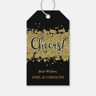 Black/Gold Cheers Faux-Glitter Stripes Custom Gift Tags