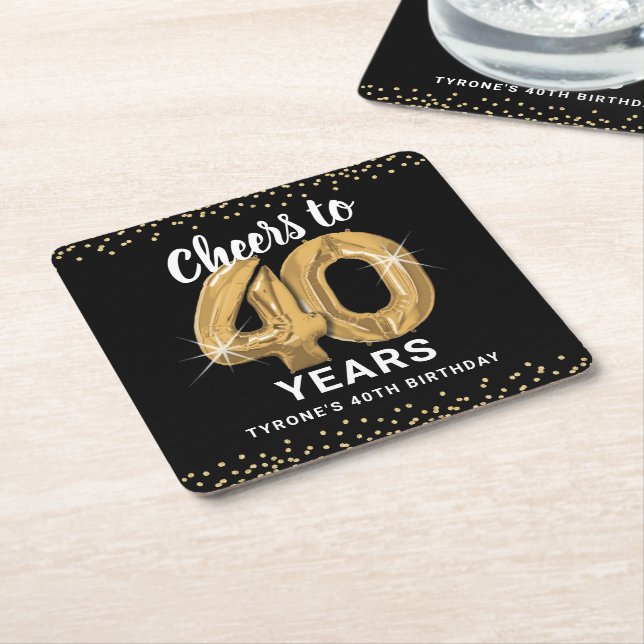 Black Gold Cheers to 40 Years Birthday Square Paper Coaster (Angled)