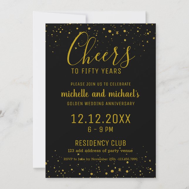 Black Gold Cheers To 50 Years Golden Anniversary Invitation (Front)