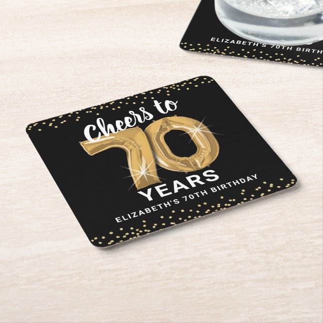 Black Gold Cheers to 70 Years Birthday Square Paper Coaster (Angled)