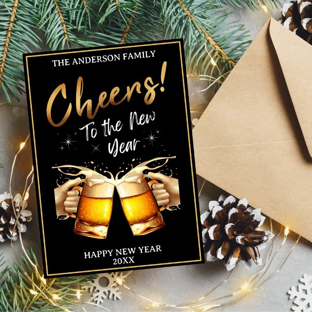 Black & Gold Cheers to New Years Eve 2024 Photo Holiday Card (Black & Gold Cheers to New Years Eve Party 2024 Holiday Card)