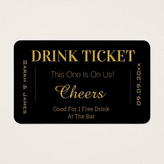 Black & Gold Cheers Wedding Drink Voucher Ticket  (Front)