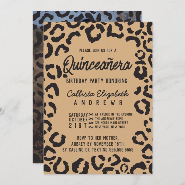 Black Gold Cheetah Leopard Quinceañera Photo Invitation (Front/Back)
