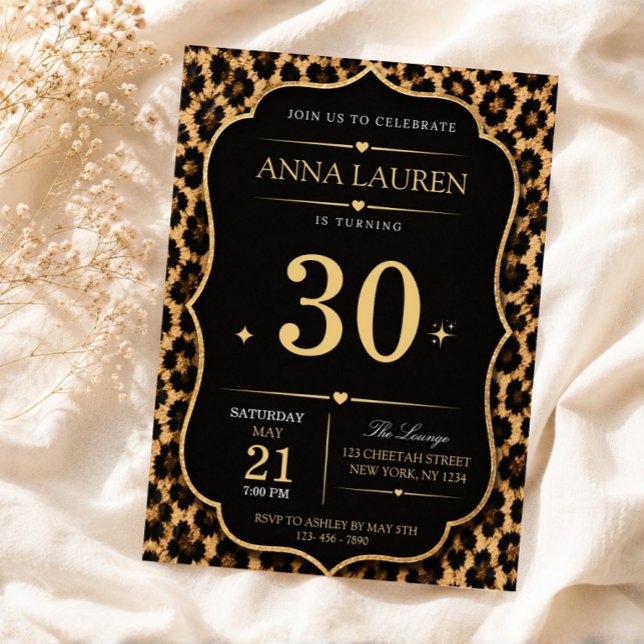 Black & Gold Cheetah Print Leopard Birthday Invitation (30th birthday invitation, cheetah print invite, leopard birthday invite, black gold invitation, glam)
