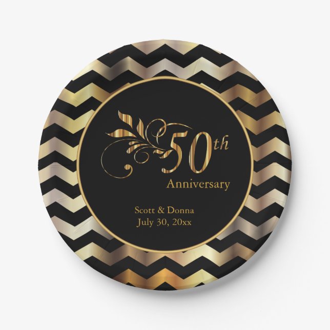 Black & Gold Chevron 50th Wedding Anniversary Paper Plate (Front)