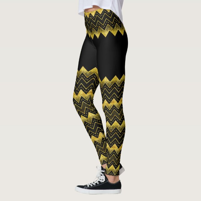 Black & Gold Chevron faux Glitter Composition Leggings (Left)