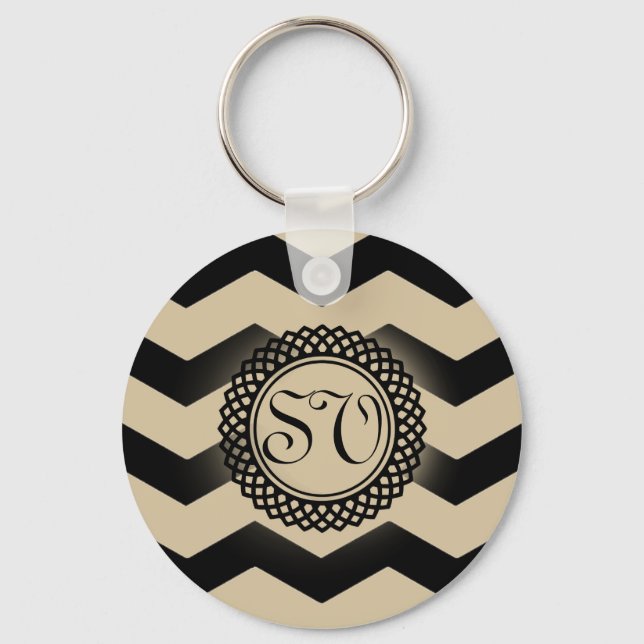 Black & Gold Chevron Monogram Key Ring (Front)