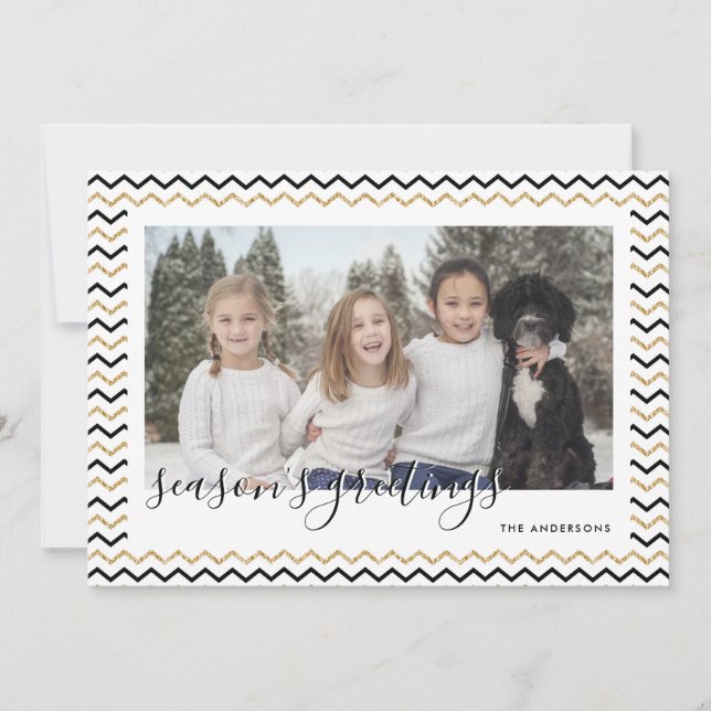 Black Gold Chevron Photo Season's Greetings Cards (Front)
