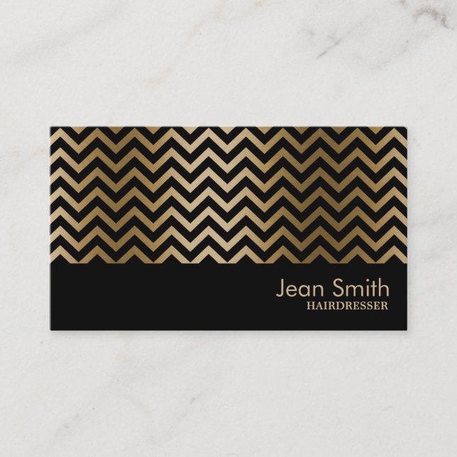 Black & Gold Chevron Stripes Hairdresser Business Card (Front)