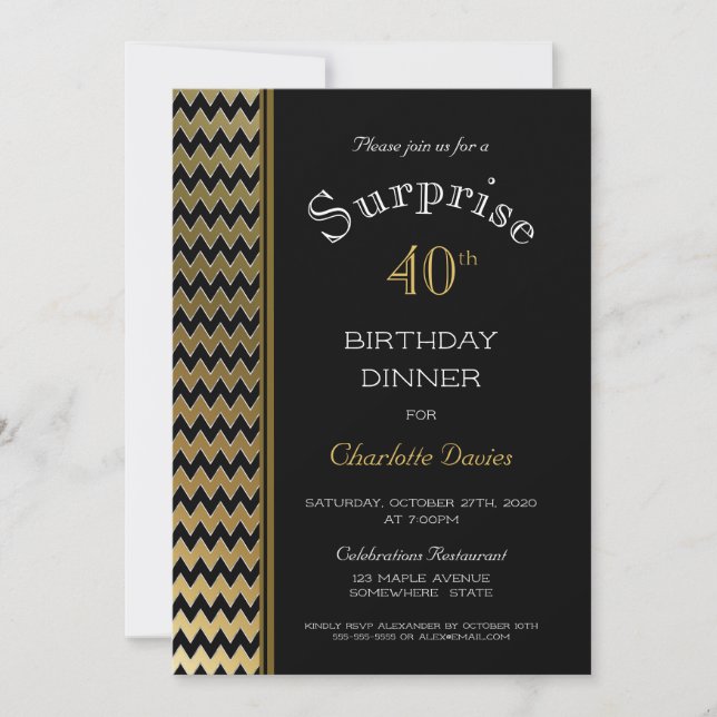 Black Gold Chevron Surprise 40th Birthday Dinner Invitation (Front)