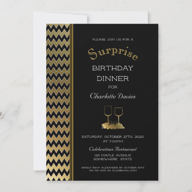 Black Gold Chevron Surprise Birthday Dinner Invitation (Front)