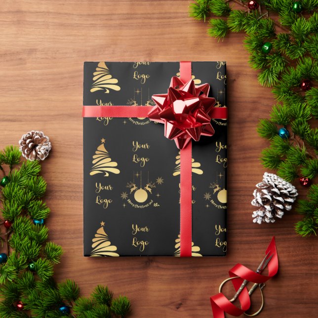 Black Gold Chic Christmas Tree Retail Custom Logo Wrapping Paper (Holiday Gift)