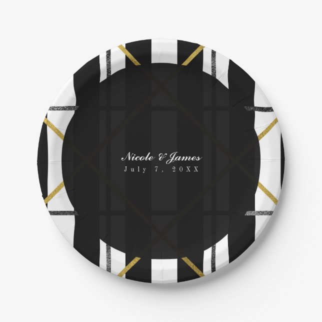 Black & Gold Chic Glam Geometric Party Paper Plate (Front)