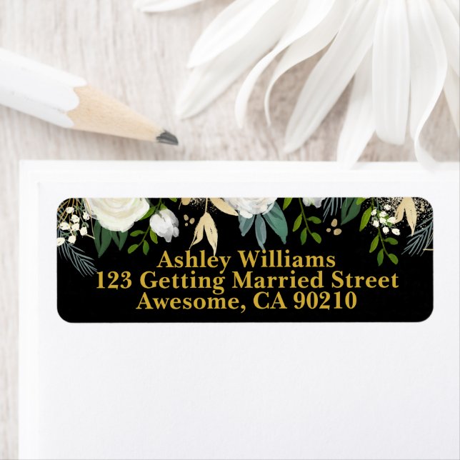 Black & Gold Chic Greenery Wedding Return Address (Insitu)