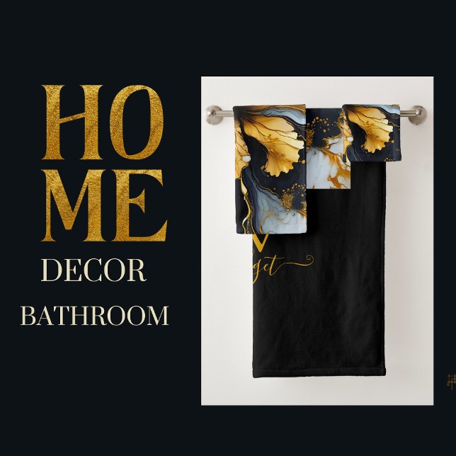 black & gold chic marble floral swirl bath towel (Creator Uploaded)