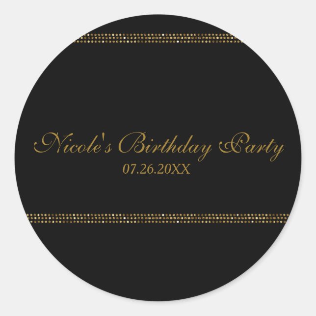 Black & Gold Chic Sparkling Glam Party Favour Classic Round Sticker (Front)