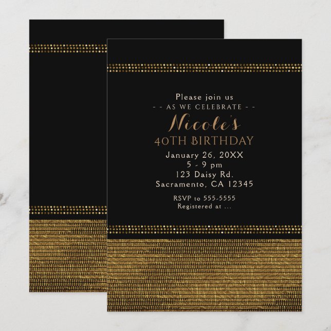 Black & Gold Chic Sparkling Glam Party Invitations (Front/Back)