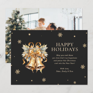 Black Gold Christmas Bells Snowflake Photo Holiday Card