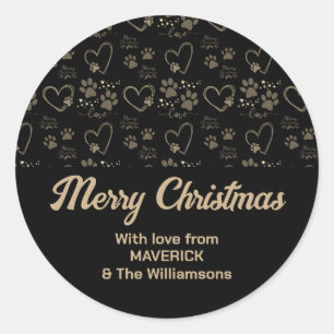 Black Gold Christmas DOG PAW PRINTS Personalised Classic Round Sticker