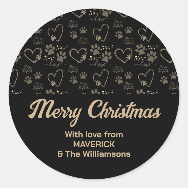 Black Gold Christmas DOG PAW PRINTS Personalised Classic Round Sticker (Front)