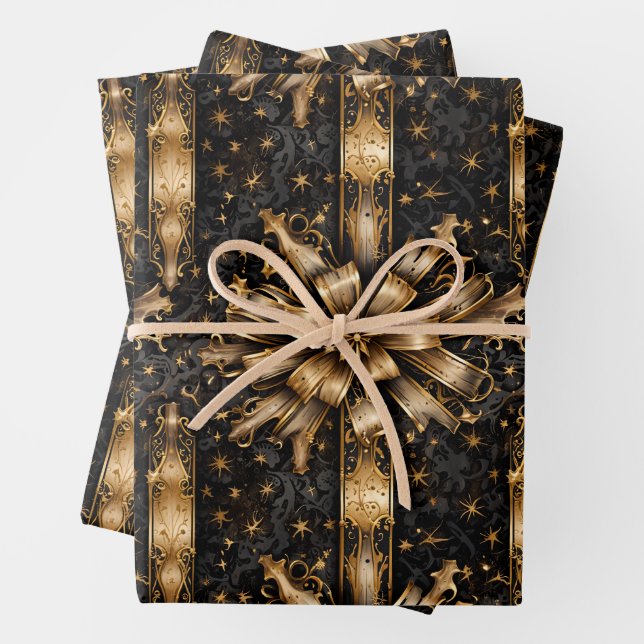 Black & Gold Christmas Grunge Wrapping Paper Sheet (In situ)