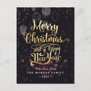 Black & Gold Christmas & Happy New Year Typography Holiday Postcard