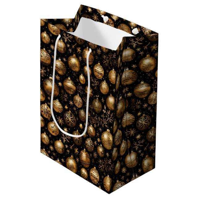 Black & Gold Christmas Ornament Pattern Medium Gift Bag (Front Angled)