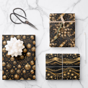 Black & Gold Christmas Ornament Pattern Wrapping Paper Sheet
