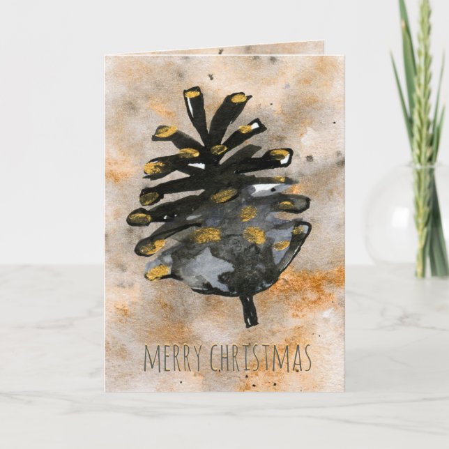 Black & Gold Christmas Pine Cone Holiday Card (Front)