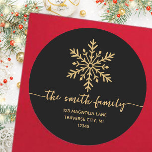 Black Gold Christmas Snow flake Return address Classic Round Sticker