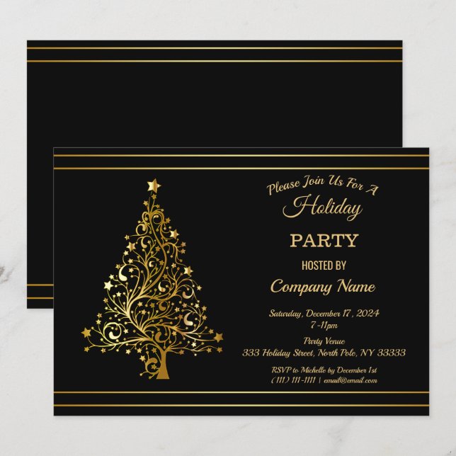 Black Gold Christmas Tree Corporate Holiday Party  Invitation (Front/Back)