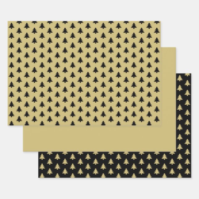 Black/Gold Christmas Tree Iconic Pattern Wrapping Paper Sheet (Set)