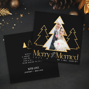 Black & Gold Christmas Tree Newlywed Photo Holiday Card