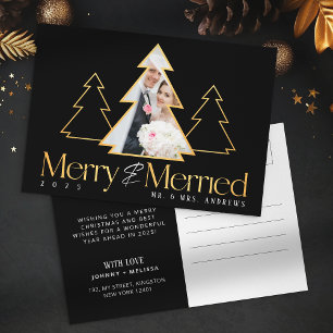 Black & Gold Christmas Tree Newlywed Photo Holiday Postcard