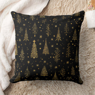 Black Gold Christmas Trees Elegant Woodland Cushion