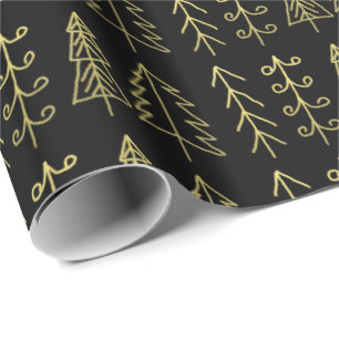 Black Gold Christmas Trees Pattern Modern Wrapping Paper
