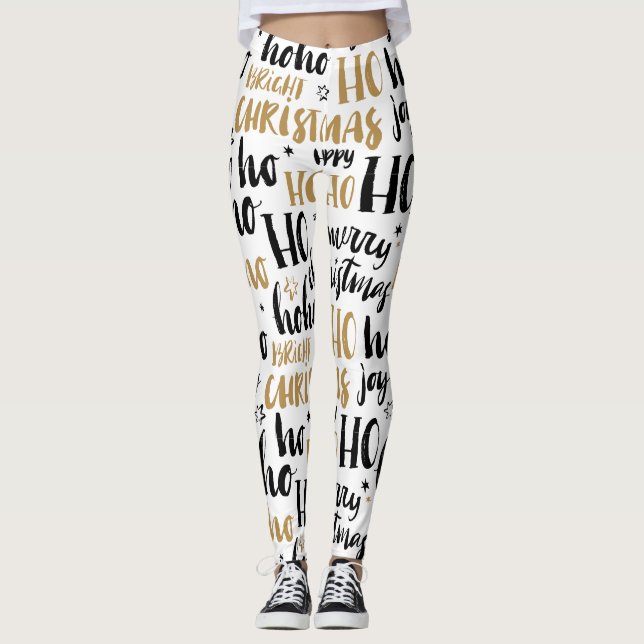 Black & Gold Christmas Word Text Art Cute Aestheti Leggings (Front)